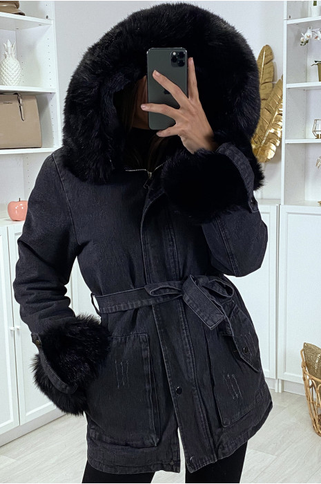 Veste en jean noire longue à fausse fourrure noir et capuche - 5