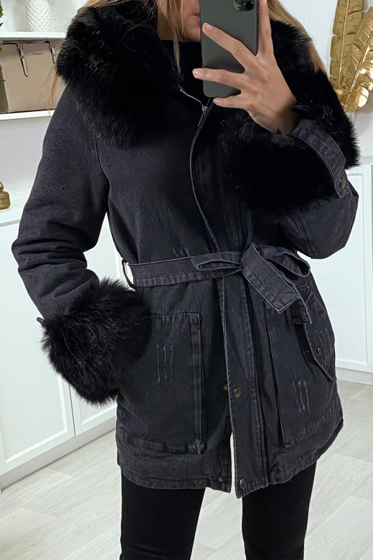 Veste en jean noire longue à fausse fourrure noir et capuche - 7