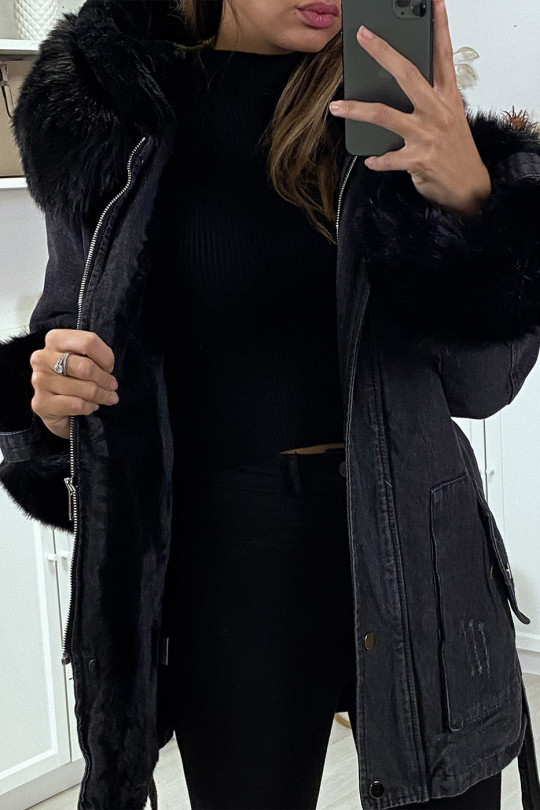 Veste en jean noire longue à fausse fourrure noir et capuche - 8