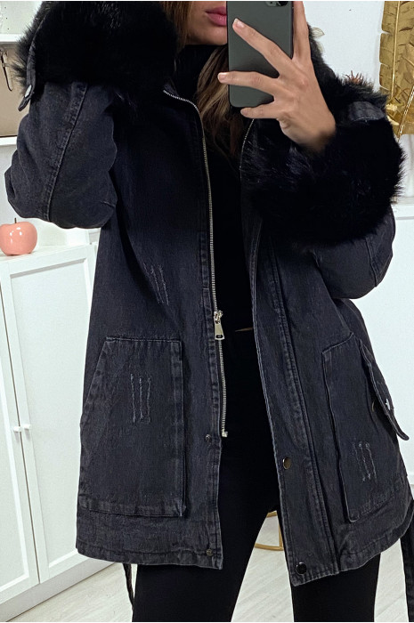 Veste en jean noire longue à fausse fourrure noir et capuche - 9