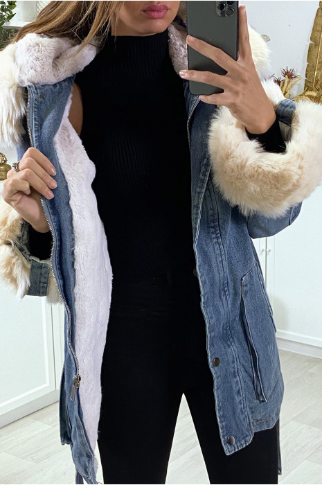 Veste en jean bleu longue à fausse fourrure beige et capuche - 3