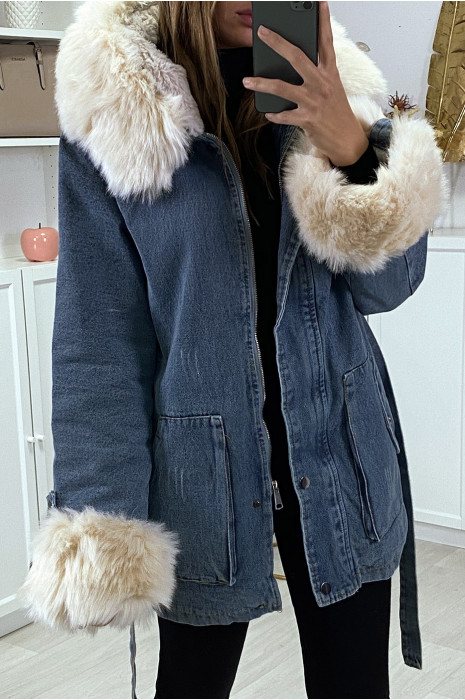 Veste en jean bleu longue à fausse fourrure beige et capuche - 5
