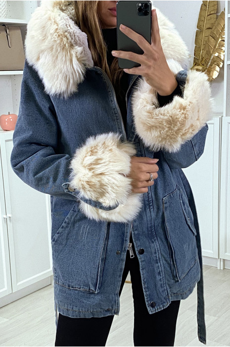 Veste en jean bleu longue à fausse fourrure beige et capuche - 6