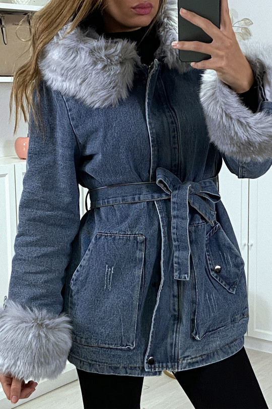 Veste en jean bleu longue à fausse fourrure grise et capuche - 6
