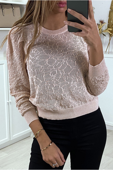 Pull jacquard rose fil doré - 1