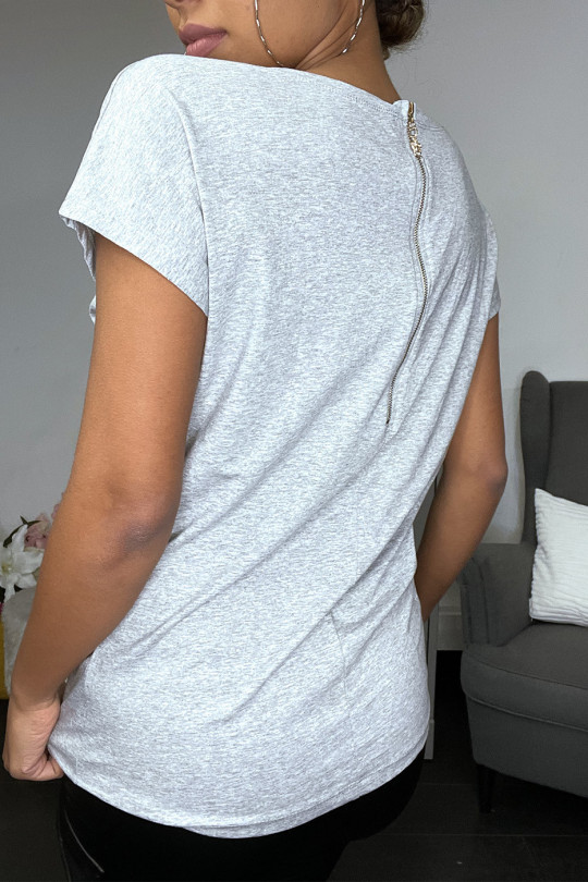 T-shirt gris à strass et zip au dos - 3