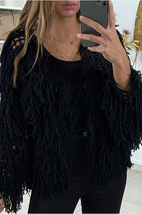 Gilet noir a frange ficelle - 1