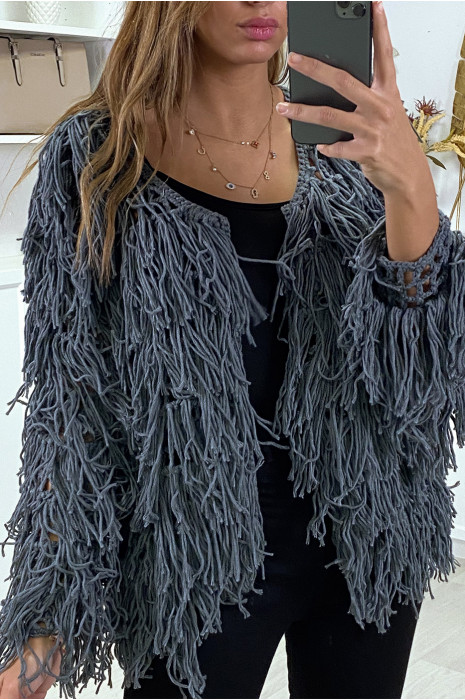 Gilet anthracite a frange ficelle - 1