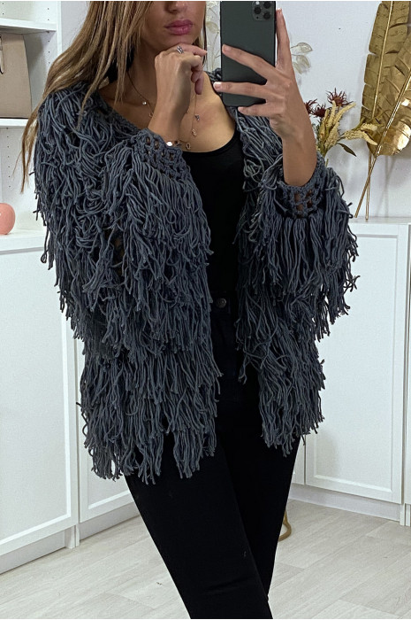 Gilet anthracite a frange ficelle - 3