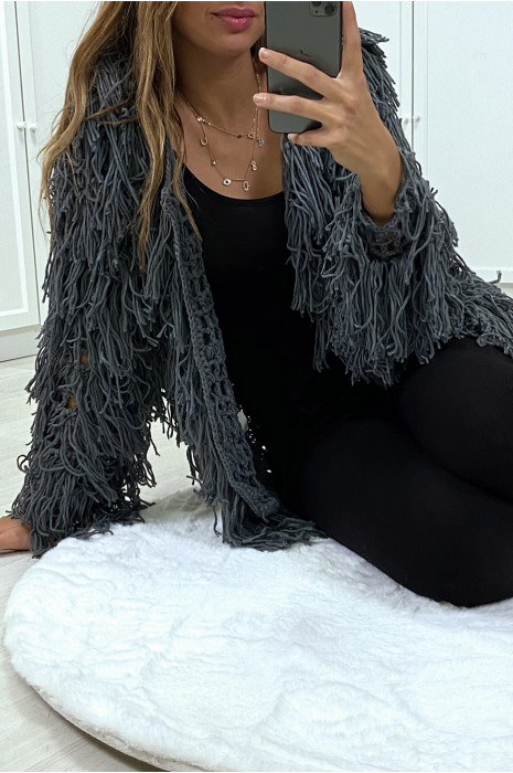 Gilet anthracite a frange ficelle - 4