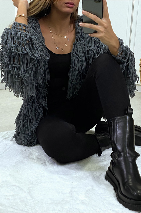 Gilet anthracite a frange ficelle - 5