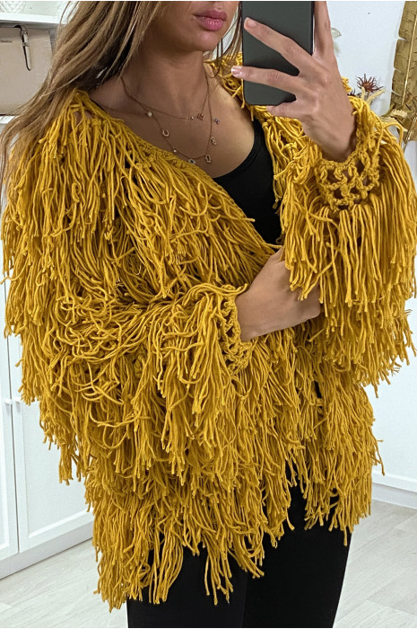 Gilet moutarde a frange ficelle - 1