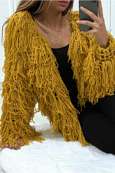 Gilet moutarde a frange ficelle - 5