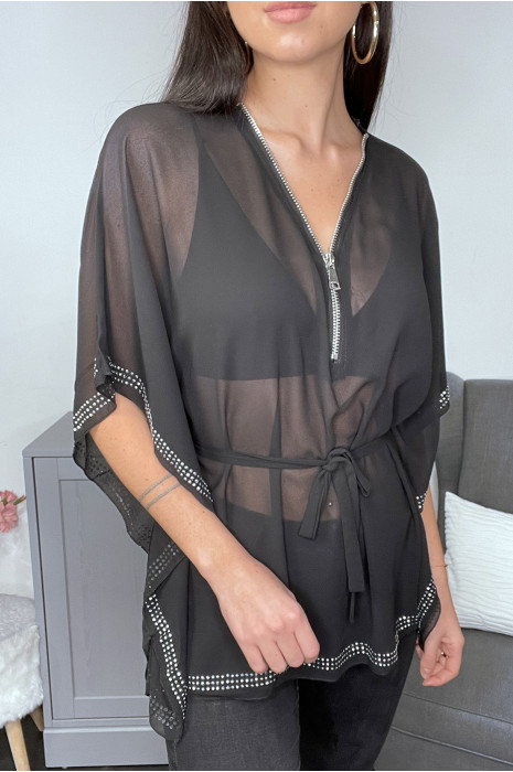 Kimono noir en voilage à strass - 4