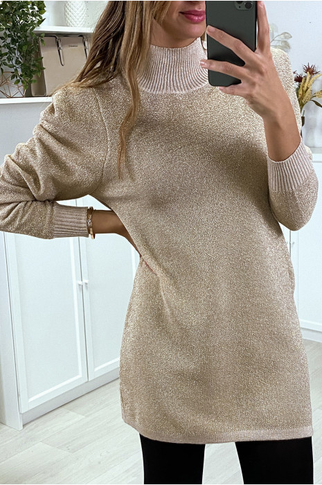 Sparkly Beige Puff Sleeve Dress - 1