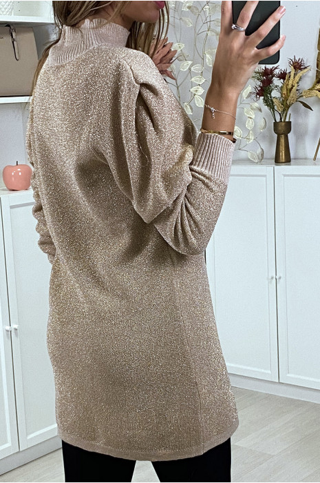 Sprankelende beige jurk met pofmouwen - 4