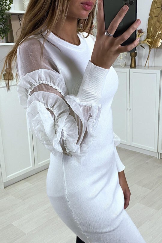 Robe pull blanc avec manches en tulle - 4