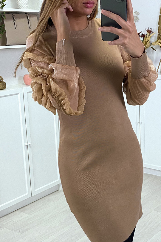 Robe pull taupe avec manches en tulle - 3