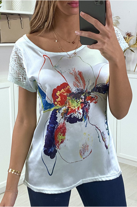 Soepel blauw t-shirt met tekening en kanten schouders - 1