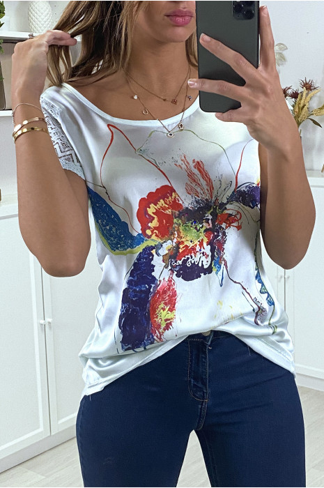 Soepel blauw t-shirt met tekening en kanten schouders - 2