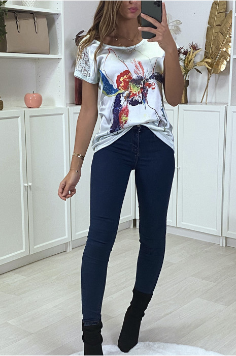 Fluid blue t-shirt with drawing and lace shoulders - 3