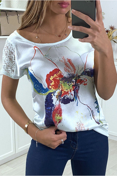 Soepel blauw t-shirt met tekening en kanten schouders - 5