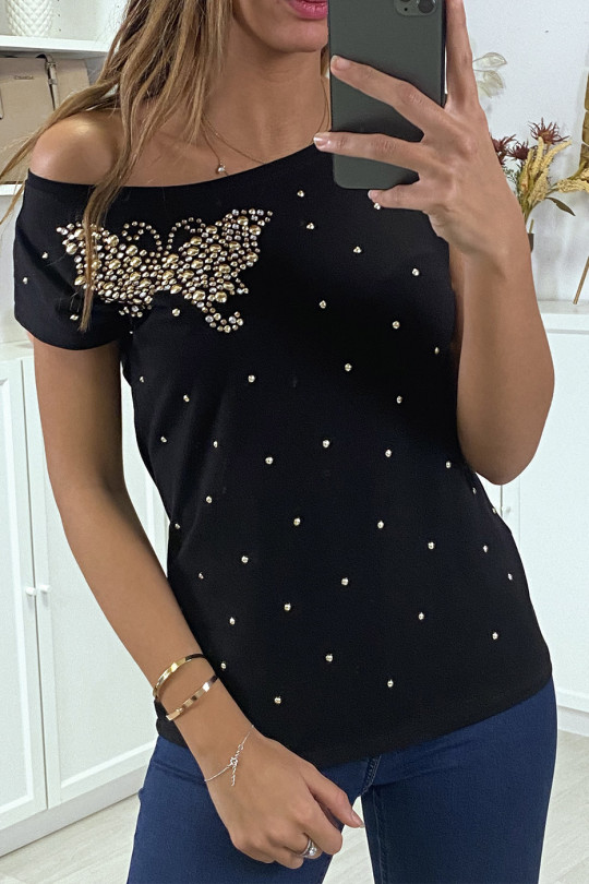 Black t-shirt with rhinestone butterfly - 1