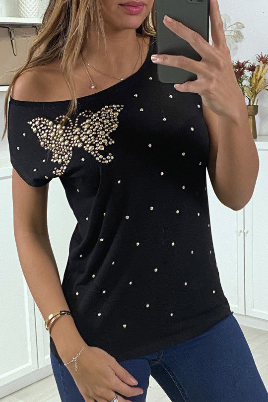 Black t-shirt with rhinestone butterfly - 2
