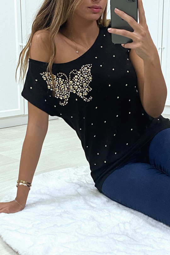 Black t-shirt with rhinestone butterfly - 4