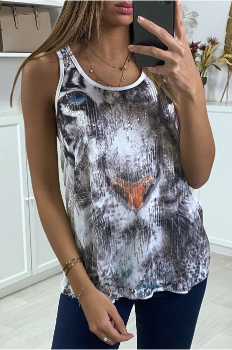 White tank top with tiger print in sequins - 1