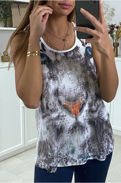 White tank top with tiger print in sequins - 3