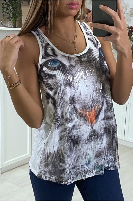 White tank top with tiger print in sequins - 4