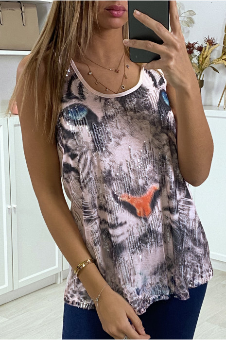 Debardeur rose a imprimé tigre en sequins - 2