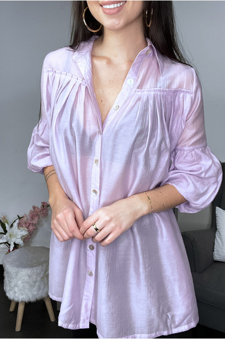 Chemise violet en soie à manches bouffantes
