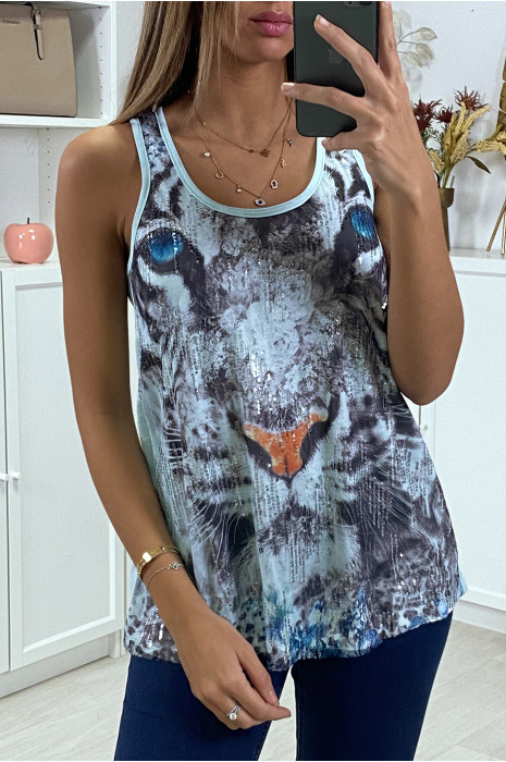 Debardeur blanc a imprimé tigre en sequins - 1