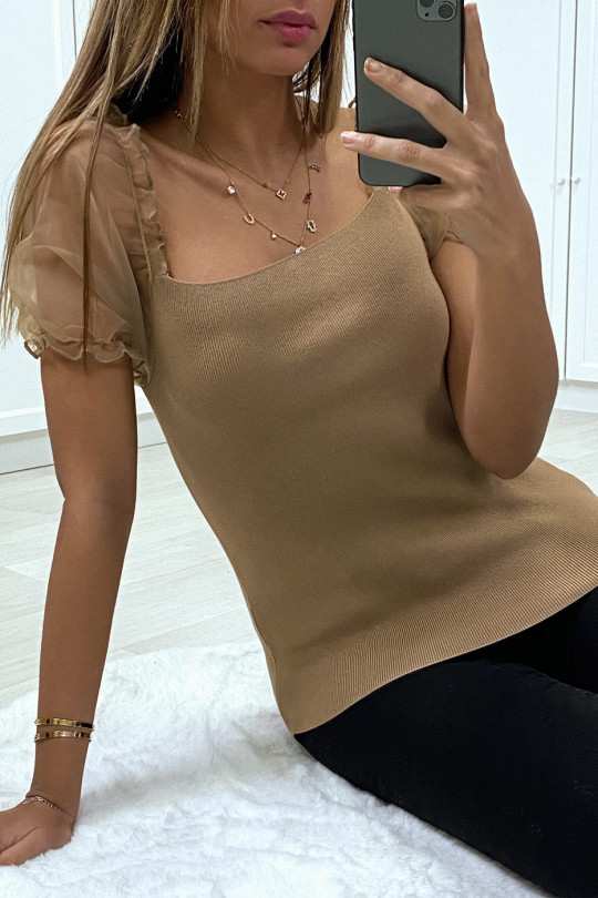 Top moulant taupe a manches bouffantes en tulle