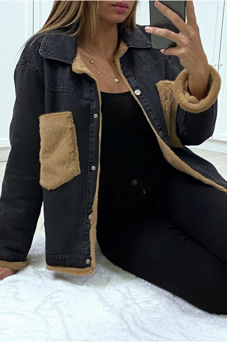 Black moumoute denim jacket and camel pockets - 4