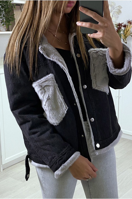 Veste en jean moumoute noir et poches grise - 2