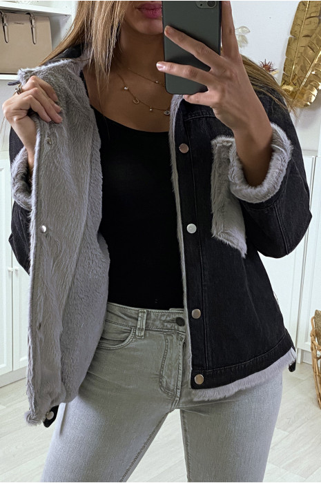 Veste en jean moumoute noir et poches grise - 4
