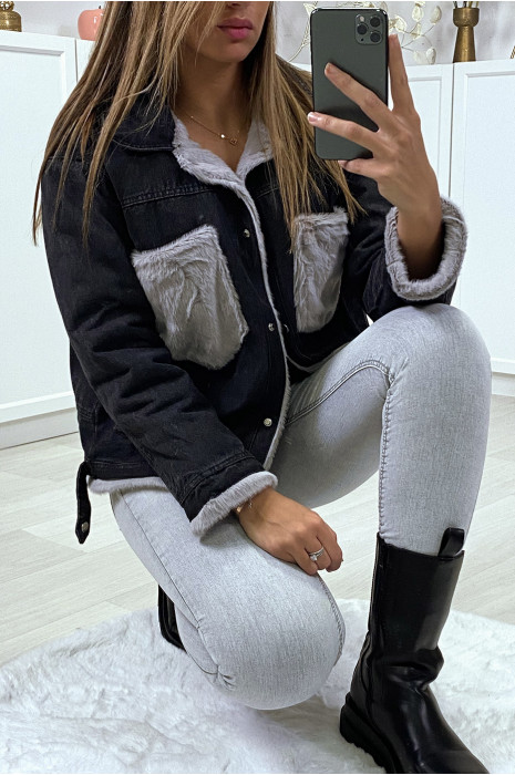Veste en jean moumoute noir et poches grise - 5