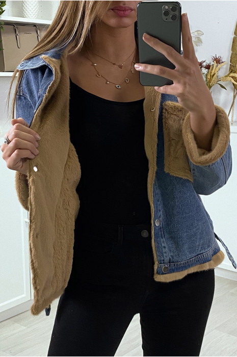 Veste en jean moumoute et poches camel - 3