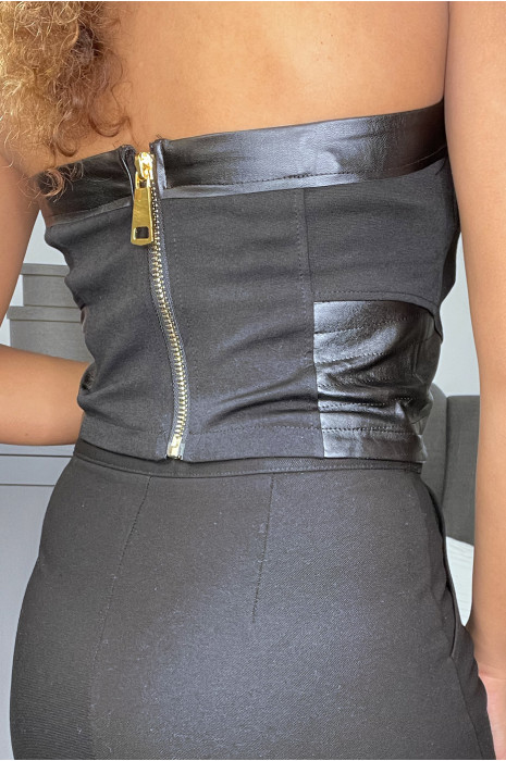 Bustier noir crop top liseré simili - 1