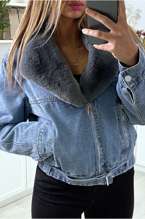 Blue denim jacket with gray faux fur collar