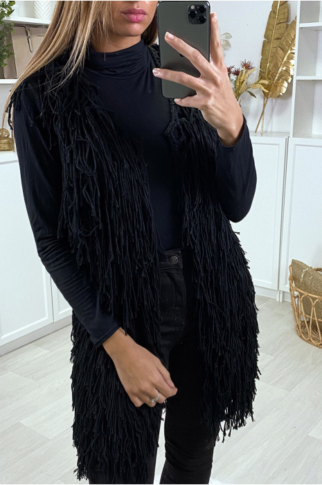 Gilet sans manche noir à frange ficelle - 1
