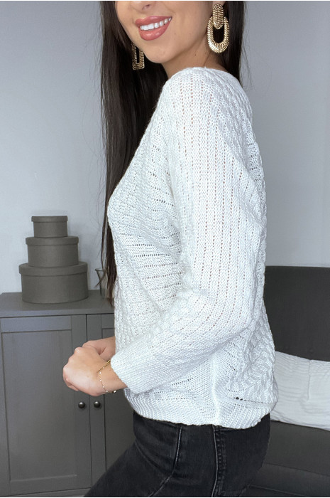 White sweater with batwing sleeves and bardot collar - 2