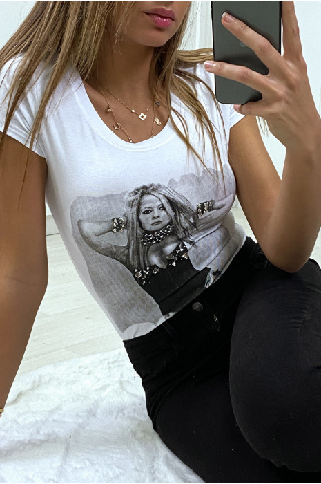 Teeshirt blanc fashion avec strass et clou - 6