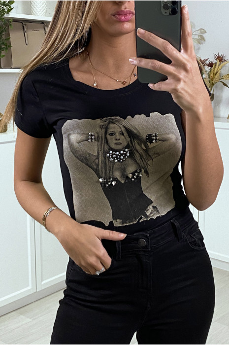 Teeshirt noir fashion avec strass et clou - 1