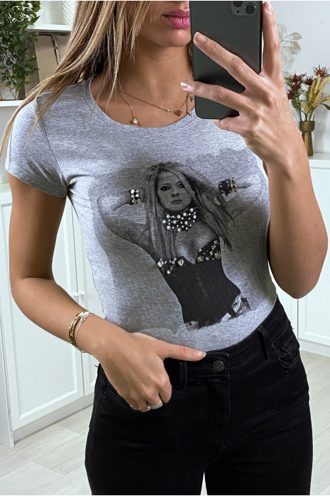 Teeshirt gris fashion avec strass et clou - 1