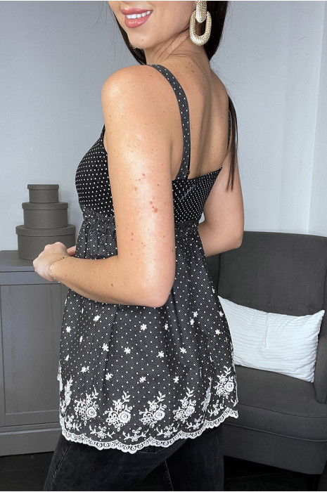 Top noir débardeur à motifs à pois blancs et dentelle - 2