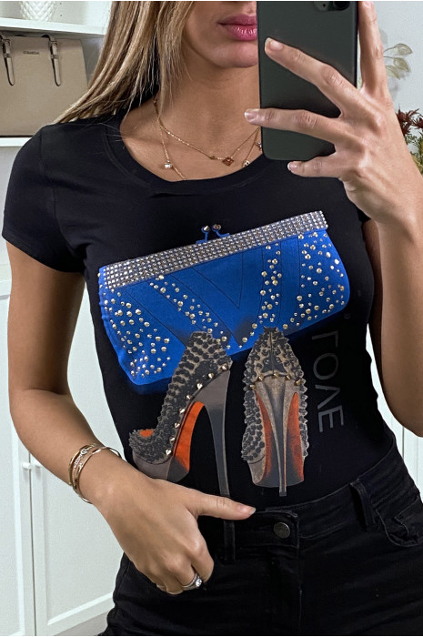 Teeshirt noir a motif escarpin et strass - 1
